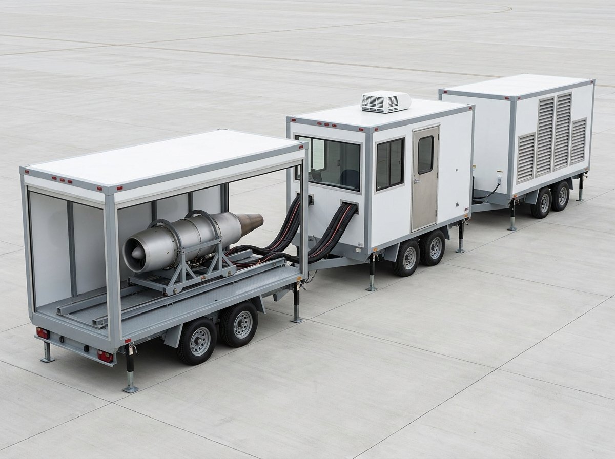 Trailer-mounted mobile engine test facility parked in a yard: an open test-section trailer, a windowed control cabin trailer and a utility trailer coupled in a line