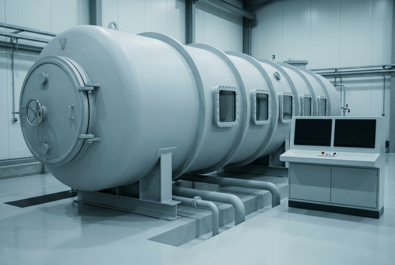 Illustrative image, not a delivered chamber — a multi-seat hypobaric training chamber: a long pale-grey horizontal cylindrical steel vessel on saddle supports with stiffening rings, a row of rectangular viewports, a heavy end door and external pipework, with an instructor control console beside it, no text and no people