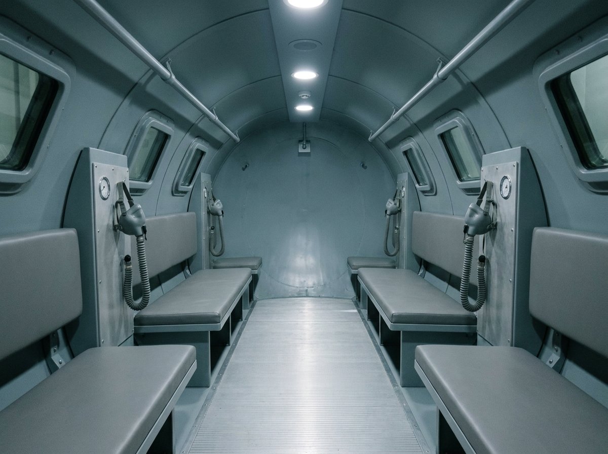 Illustrative image, not a delivered chamber — the interior of a hypobaric chamber: two facing rows of padded seats along the walls, at each seat a small panel with a hanging generic grey aviator-style oxygen mask on a hose and a blank round gauge, viewports and recessed lighting, empty with no people and no text