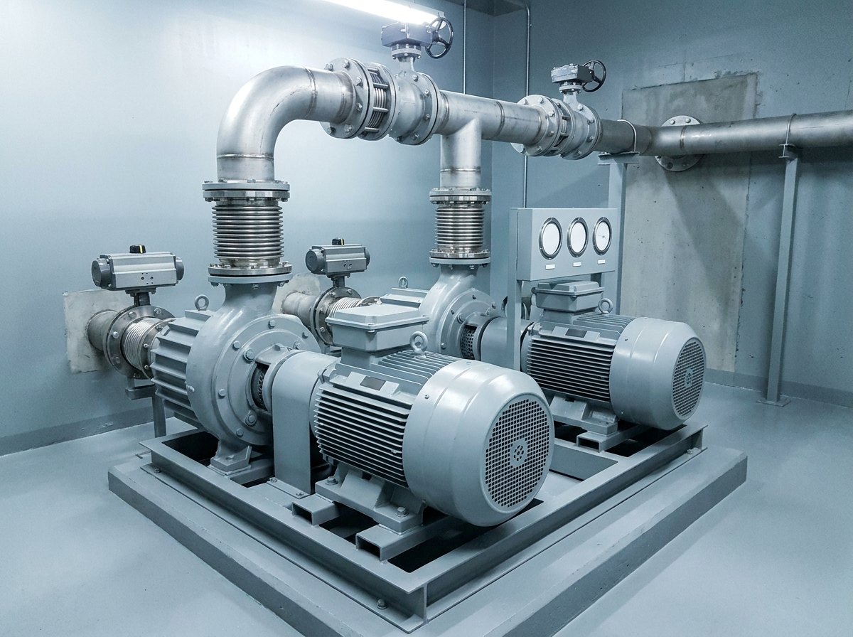 Illustrative image, not a delivered chamber — the vacuum plant of a hypobaric chamber: two large industrial vacuum pump sets with motors on a common base, large-bore steel suction piping with bellows and control valves running to the vessel, gauges with blank dials, no text and no people