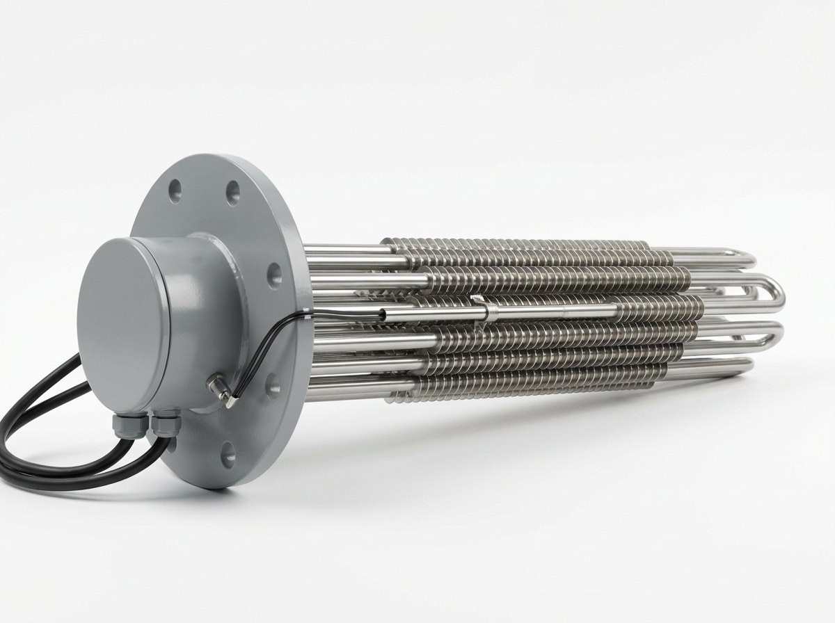 A single withdrawn electric air heater element bundle on a plain white studio background: a thick round grey steel flange plate with a ring of plain bolt holes carrying a parallel bundle of long bright stainless steel finned tubular heating elements bent into hairpins, a plain round grey terminal box with thick black cables on the back of the flange, and a slim metal-sheathed thermocouple strapped to one element with thin black leads, and no people