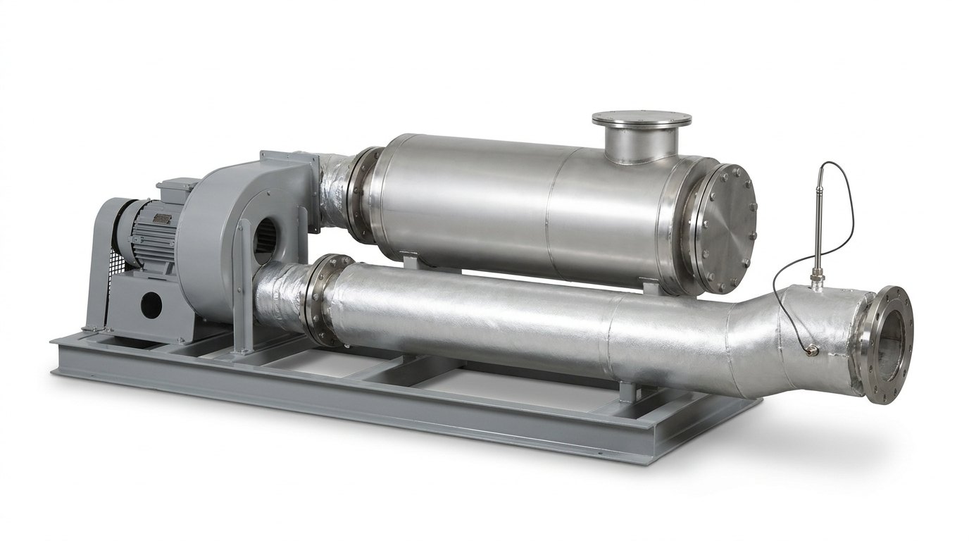 A single electric hot air generator on a plain white studio background: a low welded grey steel skid frame carrying a grey centrifugal blower with a smooth grey electric motor and guarded drive, a long horizontal cylindrical heater vessel wrapped in bright silver insulation cladding with a bolted round flange cover and a round steel terminal box on top, a thick silver insulated outlet duct ending in a bolted flange, and a slim metal-sheathed temperature probe with a thin black lead entering the duct, and no people