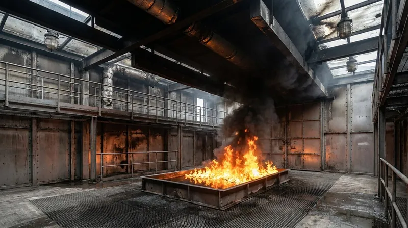 Illustrative render — the interior of a large steel fire simulation chamber: bolted mild-steel wall panels on a heavy steel frame, an elevated observation walkway with handrails, a controlled pool fire burning in a large rectangular steel fire tray on the concrete floor, smoke rising into the dark roof space and protected light housings behind toughened glass