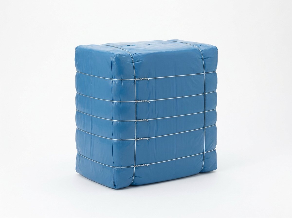 A finished bale on a plain white studio background: a dense square-edged block of plain blue pressed film held by five steel wires with twisted joints, and no people
