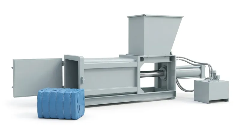 A horizontal hydraulic baling press on a plain white studio background: a long pale grey steel pressing chamber on a base frame with its door open at the left end, a tall steel feed hopper on top near the right end, a hydraulic cylinder with a polished rod at the right end, a grey power unit beside it joined by two hoses, and a finished blue bale tied with wires standing in front, and no people