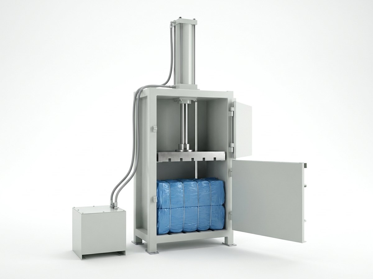 A vertical hydraulic baling press on a plain white studio background: a tall pale grey steel frame with a hydraulic cylinder and a press plate at the top, the chamber door open on two blue bales tied with wires, and a grey power unit beside it joined by two hoses, and no people