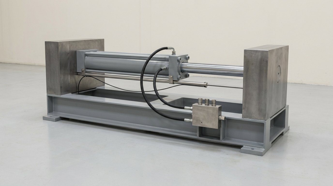 A single hydraulic cylinder test bench: a long, low frame of grey painted steel with a heavy end block at each end, one double-acting hydraulic cylinder with a polished chrome piston rod held horizontally between the end blocks, two plain black hoses running to a brushed stainless steel valve manifold on the side of the frame and a slim position transducer rod alongside, and no people