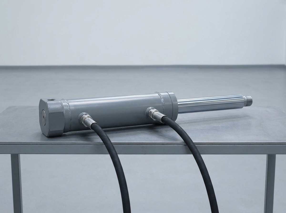 A single double-acting hydraulic cylinder lying on a plain grey steel bench: a grey painted steel barrel with a heavy end cap, a polished chrome piston rod extended from the gland end, and two brushed stainless steel ports on the side of the barrel each with a plain black hose curving away, and no people