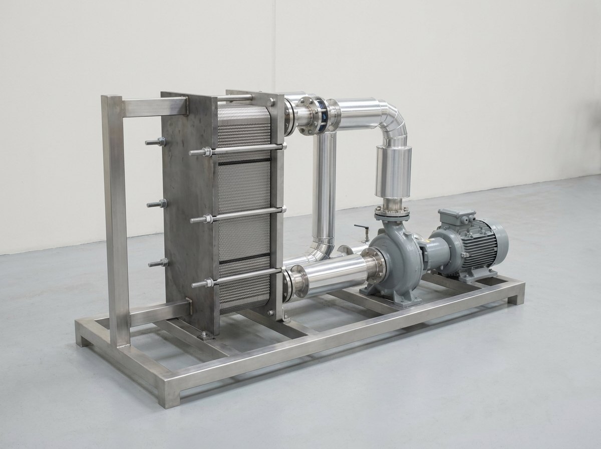 The heat-exchanger and pump skid of a fuel conditioning rig: a plate heat exchanger with clamped plates, a centrifugal pump with a plain motor and insulated pipework on a stainless steel frame, and no people