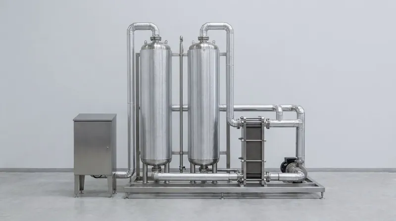 A heated and cold fuel supply rig on one stainless steel skid: two tall upright insulated vessels, a plate heat exchanger and a pump joined by insulated pipework, and a plain stainless steel control cabinet beside the skid, and no people