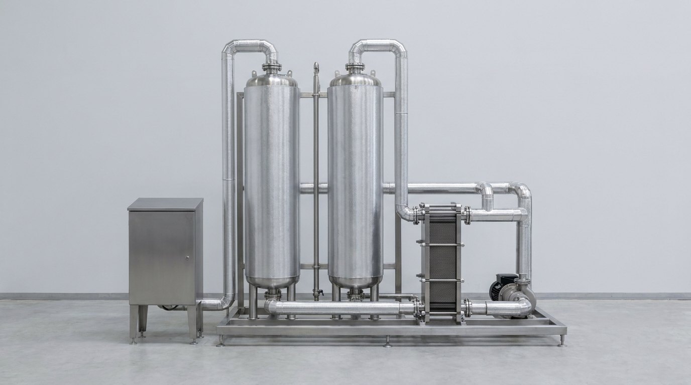 A heated and cold fuel supply rig on one stainless steel skid: two tall upright insulated vessels, a plate heat exchanger and a pump joined by insulated pipework, and a plain stainless steel control cabinet beside the skid, and no people