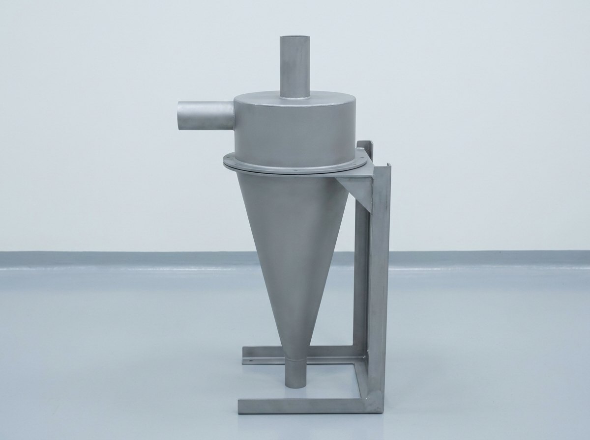 A single plain grey metal hydrocyclone body on a steel bracket: a tangential inlet pipe and a vertical vortex-finder pipe at the wide top, tapering to a narrow cone with a short pipe at the apex, and no people