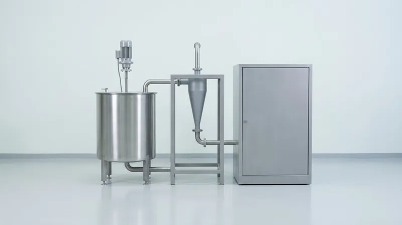 A hydrocyclone test rig: a stainless feed tank with an agitator, a single small conical hydrocyclone body on a steel frame, and a plain grey instrument cabinet, joined by pipes, and no people