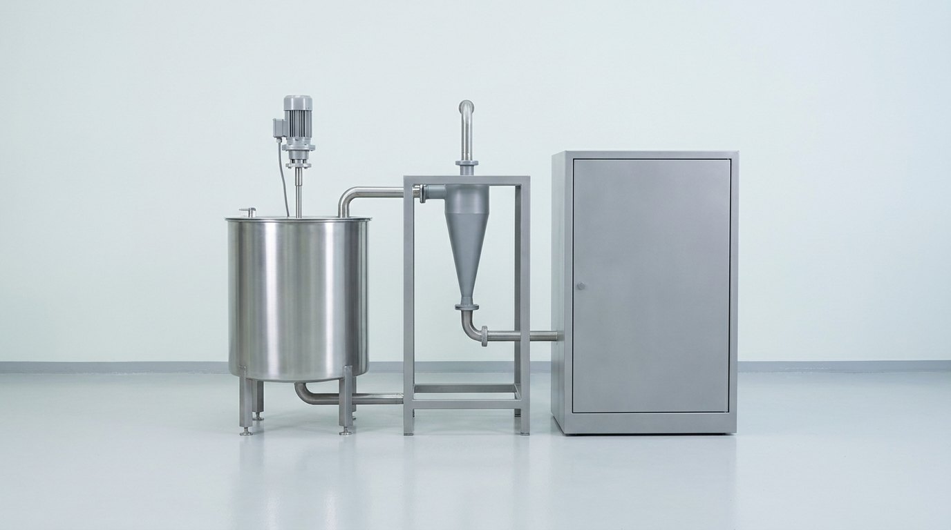 A hydrocyclone test rig: a stainless feed tank with an agitator, a single small conical hydrocyclone body on a steel frame, and a plain grey instrument cabinet, joined by pipes, and no people