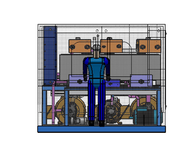Vorderansicht des 350-kW-Prüfstands für hydraulische Steuerventile mit Wärmetauscher, Behälter und Pumpenbaugruppe auf der Basisplattform, mit Bediener für die Waage