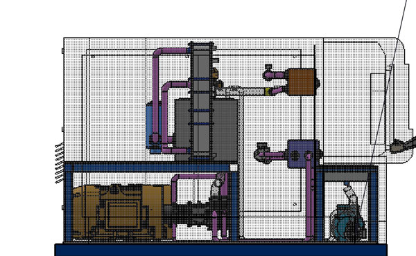 Seitenansicht eines 350-kW-Prüfstands für hydraulische Steuerventile mit schmalem Profil mit Wärmetauscher und Filterstapel