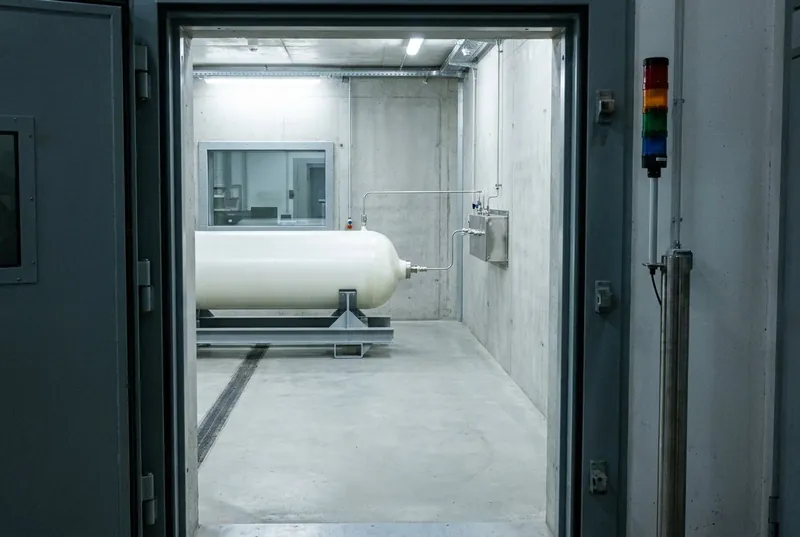 Illustrative image, not a delivered facility — a hydrogen pressure-cycling test cell: a heavy concrete-and-steel cell with its thick shielded door open, a white composite cylinder mounted on a cradle connected to a stainless manifold with fine high-pressure tubing, an unlit warning-light mast, and a small control-room window in the far wall, no people and no text
