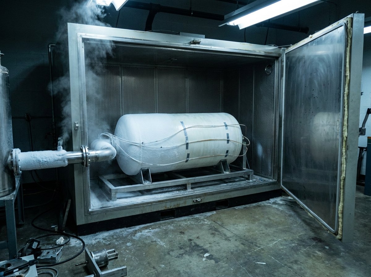 Illustrative image, not a delivered facility — conditioned hydrogen cycling: a white composite cylinder inside an open climatic test chamber, heavy frost on the stainless high-pressure line entering through a side gland, fine instrumentation tubing, the chamber interior walls finely perforated, cold vapour drifting at the sill, no people and no text