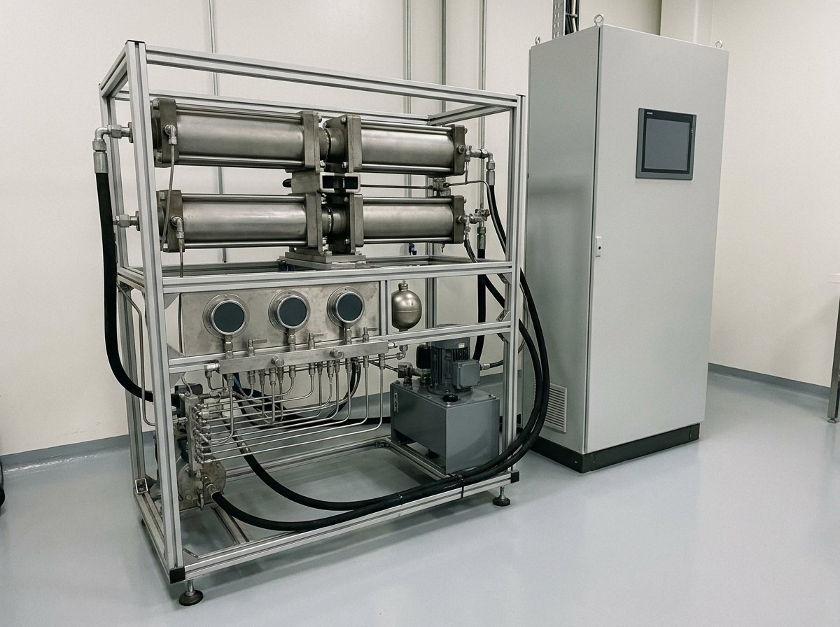 Illustrative image, not a delivered facility — a hydraulic pressure-cycling intensifier skid: two cylindrical pressure intensifiers on a grey frame, a stainless valve manifold with fine high-pressure lines, blank round gauges, an accumulator bottle, and a floor-standing control cabinet with one blank dark screen, clean plant-room floor, no people and no text