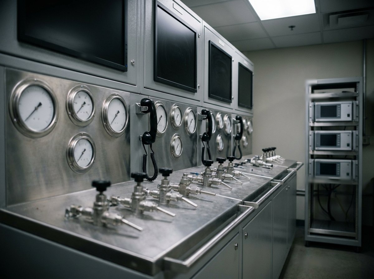 Illustrative image, not a delivered installation — a diving life-support control console: a stainless panel carrying rows of round depth and pressure gauges, gas control valves, communication handsets and blank monitoring screens, with a rack of gas analysers beside it, in a control room