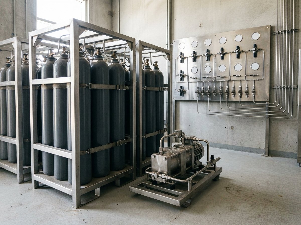 Illustrative image, not a delivered installation — a diving gas and life-support spread: banks of high-pressure gas cylinder quads on a steel frame, a high-pressure gas booster unit, and a stainless gas-blending panel with regulators, gauges and valves feeding stainless tubing toward a chamber