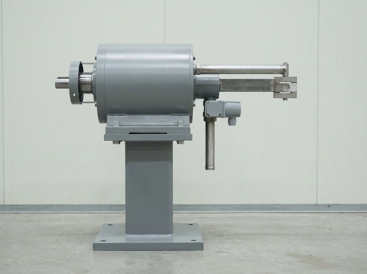 A hydraulic dynamometer, a water-brake casing on a steel pedestal with a torque arm and load cell, a water outlet pipe and a shaft end inside its guard, and no people