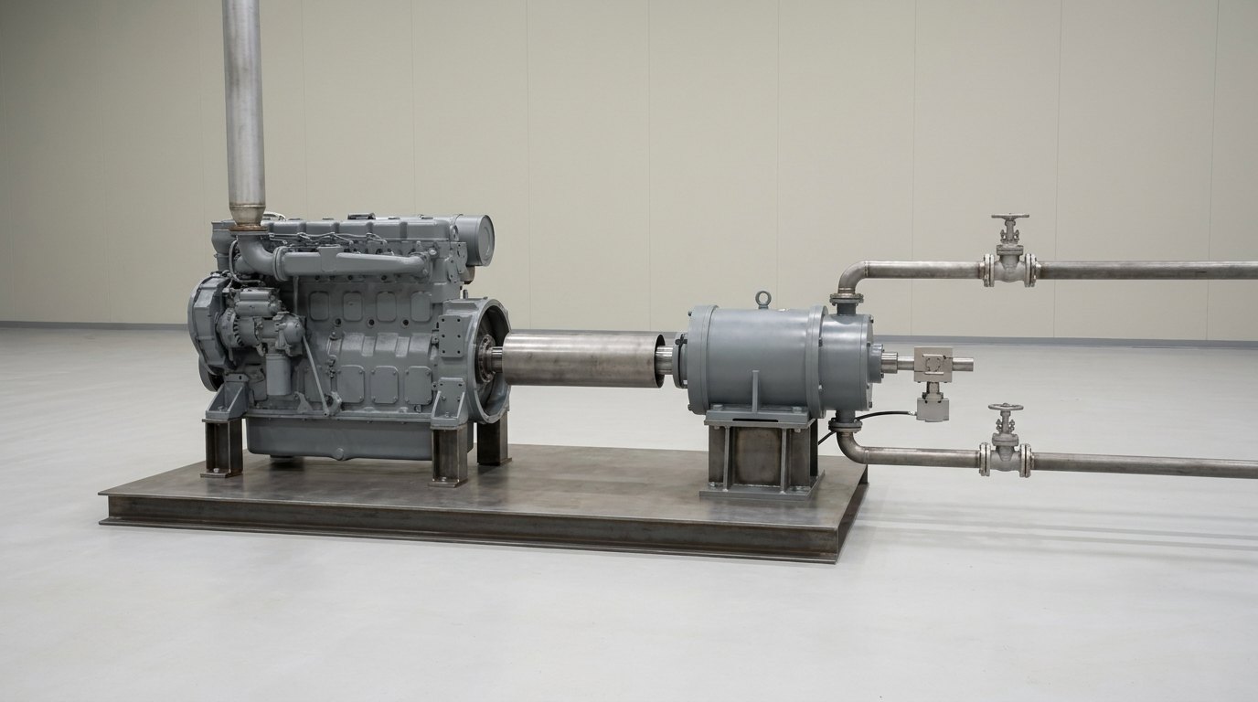A hydraulic dynamometer engine test set-up on one steel base plate: a large plain industrial engine coupled through a guarded shaft to a hydraulic dynamometer with its torque arm and load cell, and steel water pipework with valves, and no people