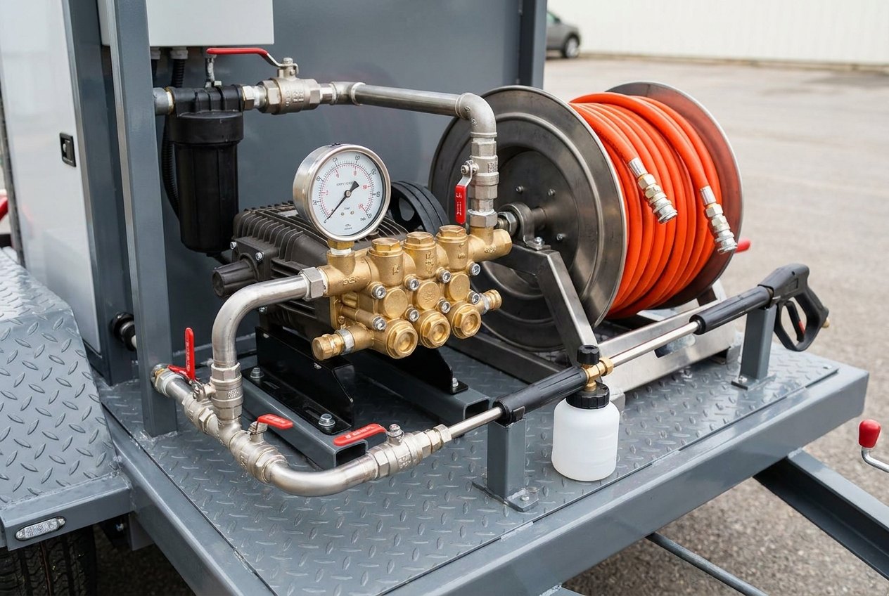 Pump bay of the washing rig: triplex plunger pump with brass head, stainless plumbing, hose reel and foam lance