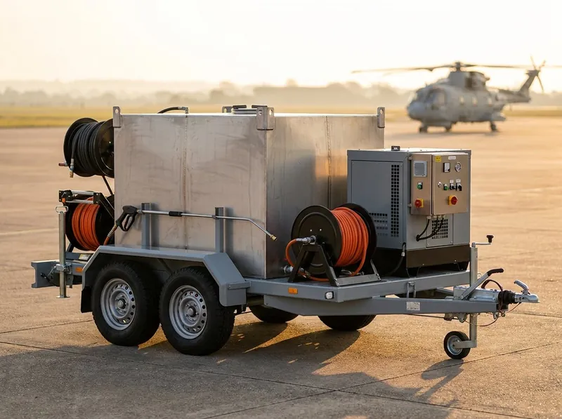 Trailer-mounted helicopter washing rig with stainless steel water tank, hose reels, spray lance and silent diesel generator on an airfield apron