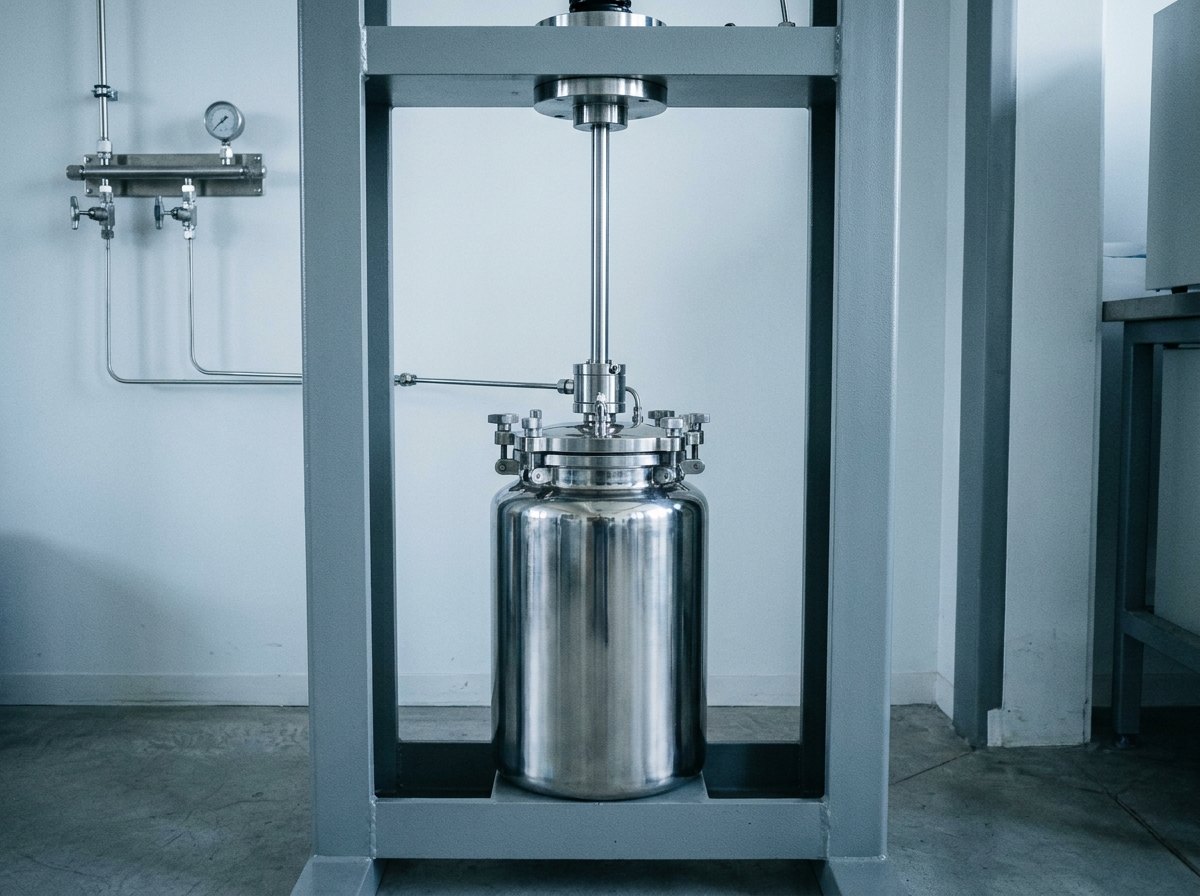 Illustrative image, not a delivered system — an in-situ high-pressure hydrogen materials test rig: a thick-walled polished stainless autoclave mounted between the columns of a grey load frame, a slender pull-rod entering through a gland in the autoclave's top closure, fine stainless high-pressure lines with two hand valves, a small manifold on the frame column, clean laboratory floor, no people and no text