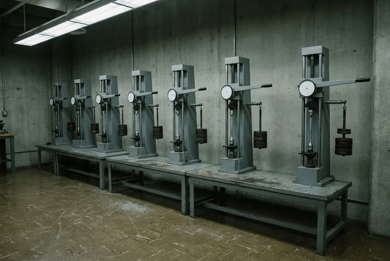 Illustrative image, not a delivered system — a multi-station sustained-load hydrogen embrittlement test bank: a row of identical grey vertical lever-arm stations, each gripping a slender notched steel specimen with a stack of circular dead weights hanging below, one blank round dial per station, clean laboratory floor, no people and no text