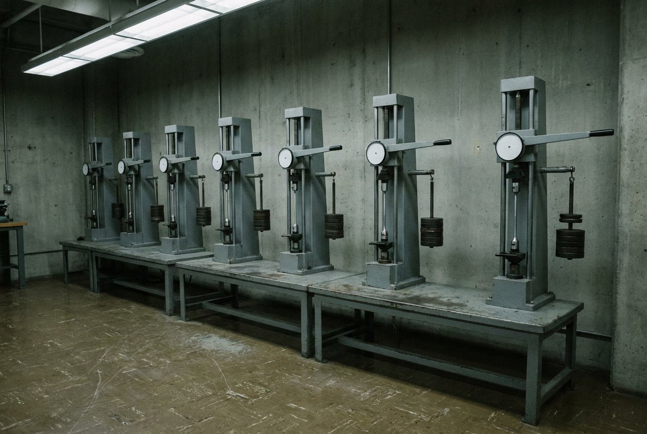 Illustrative image, not a delivered system — a multi-station sustained-load hydrogen embrittlement test bank: a row of identical grey vertical lever-arm stations, each gripping a slender notched steel specimen with a stack of circular dead weights hanging below, one blank round dial per station, clean laboratory floor, no people and no text