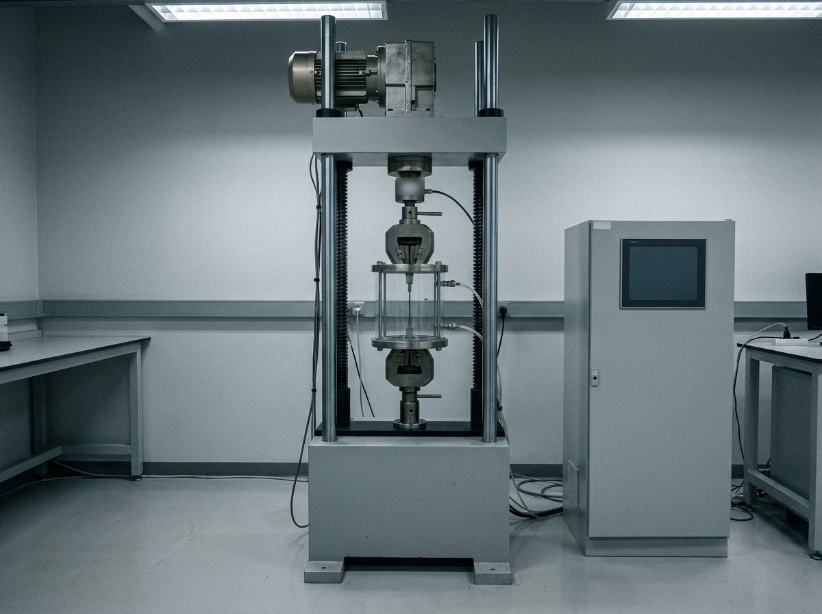 Illustrative image, not a delivered system — a slow-strain-rate testing frame: a stiff two-column screw-driven load frame with a precision gearbox drive at the top crosshead, a slender specimen held in grips inside a clear glass environmental cell at mid-height, fine tubing to the cell, a grey control cabinet with one blank dark screen beside it, clean laboratory setting, no people and no text