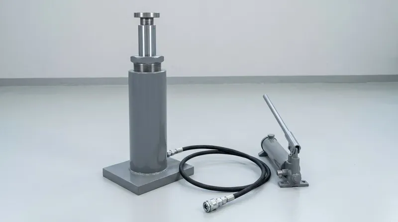 A single heavy-duty hydraulic cylinder jack standing on a grey steel base plate: a grey barrel with a hexagonal lock nut on a threaded collar, a bright plunger rod with a flat saddle, and a black hose and a plain grey hand pump set lying beside it, and no people