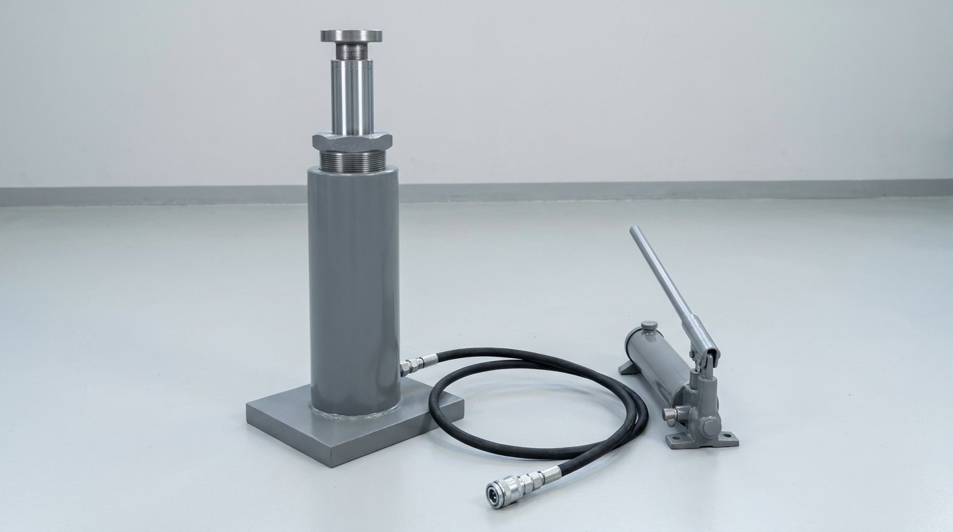 A single heavy-duty hydraulic cylinder jack standing on a grey steel base plate: a grey barrel with a hexagonal lock nut on a threaded collar, a bright plunger rod with a flat saddle, and a black hose and a plain grey hand pump set lying beside it, and no people