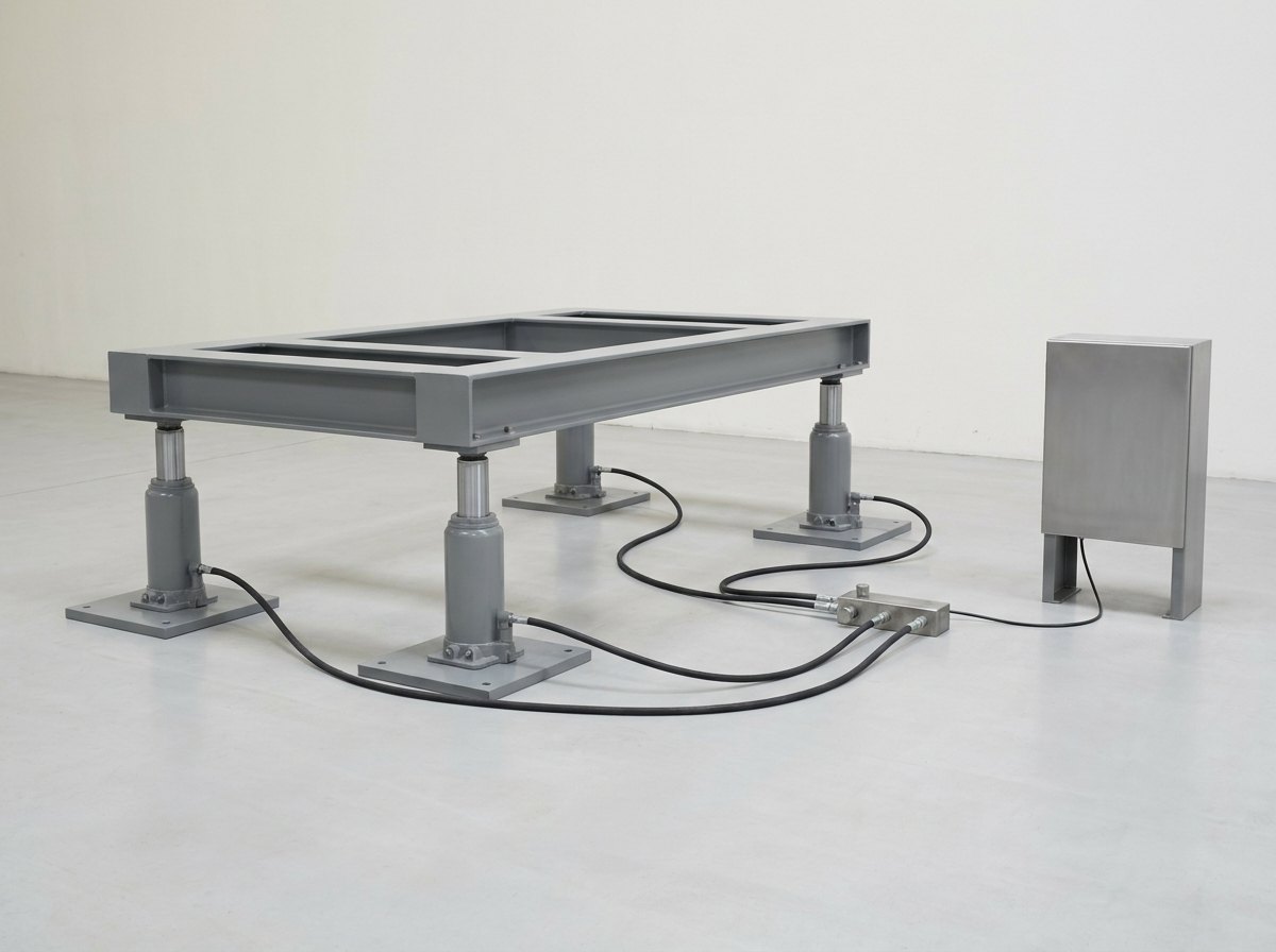 A single synchronised lifting set-up: a grey box-section steel platform raised level on four identical grey hydraulic jacks, one under each corner, with a black hose from each jack to one steel manifold block on the floor and a plain steel control enclosure on a short stand beside it, and no people