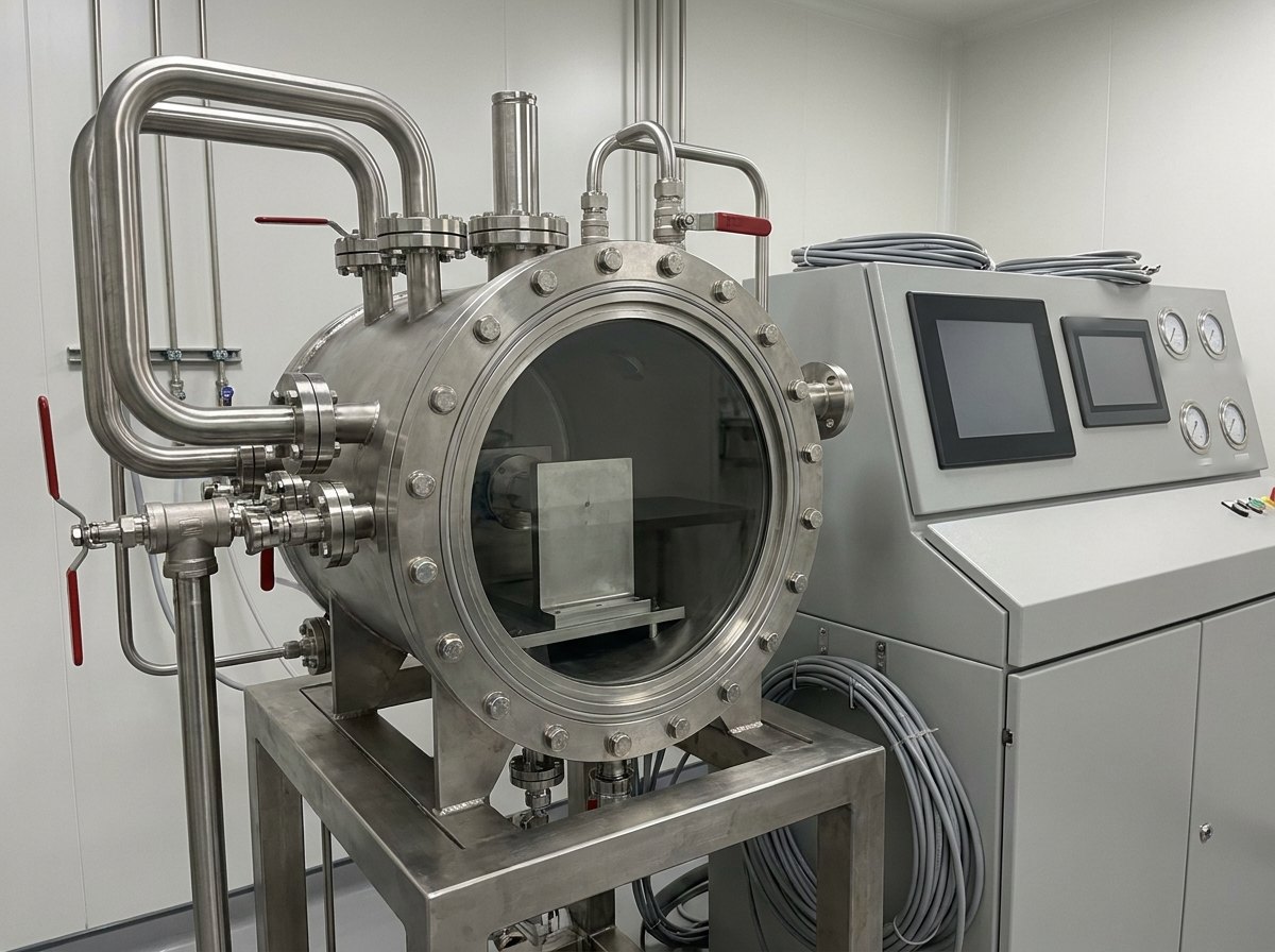Illustrative image, not a delivered installation — a helium bombing and accumulation chamber, a small stainless pressure-and-vacuum chamber with a bolted door and a control cabinet with plain dark screens, in a clean laboratory, no text and no people