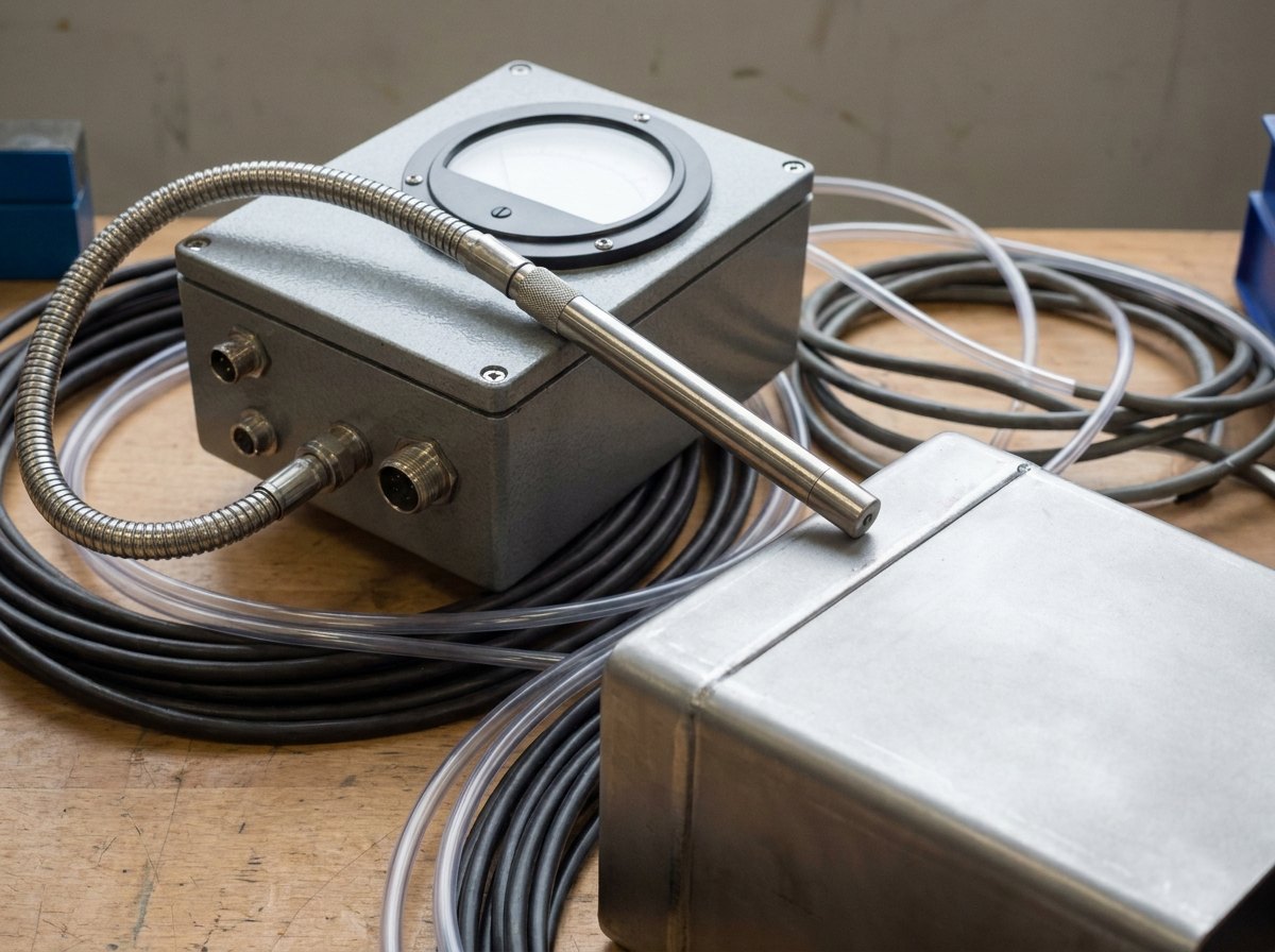 Illustrative image, not a delivered installation — a close view of a helium mass-spectrometer leak detector unit with a hand-held sniffer probe moving over a generic metal component, with fine hoses and plain dark displays, no text and no people