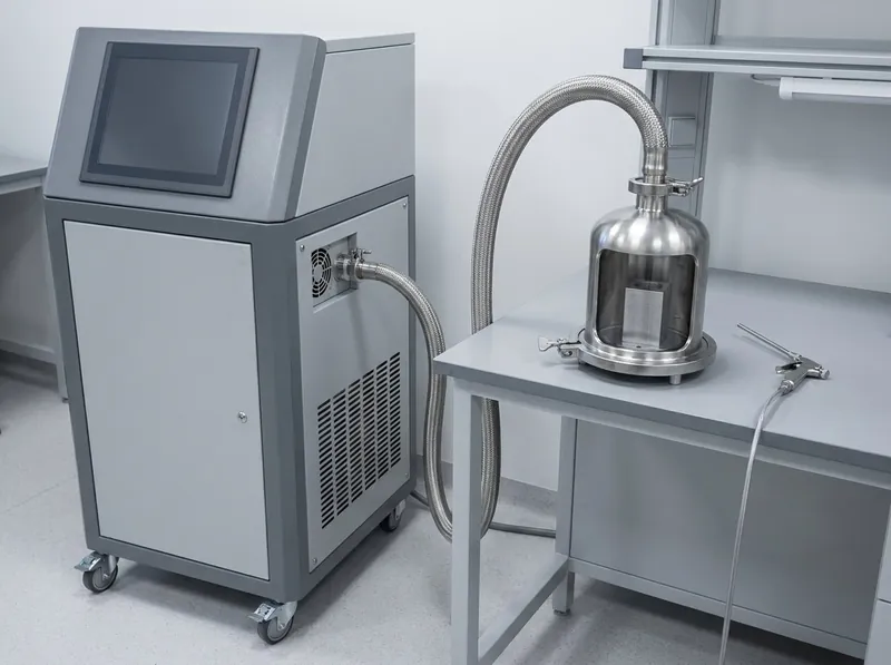 Illustrative image, not a delivered installation — a mobile helium mass-spectrometer leak detector cart connected by a hose to a stainless vacuum test chamber holding a generic metal part, with a helium spray gun, in a clean laboratory