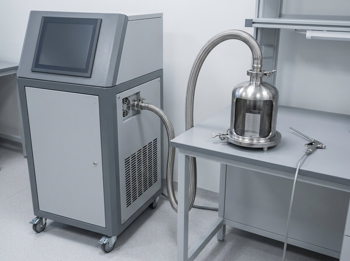Illustrative image, not a delivered installation — a mobile helium mass-spectrometer leak detector cart connected by a hose to a stainless vacuum test chamber holding a generic metal part, with a helium spray gun, in a clean laboratory