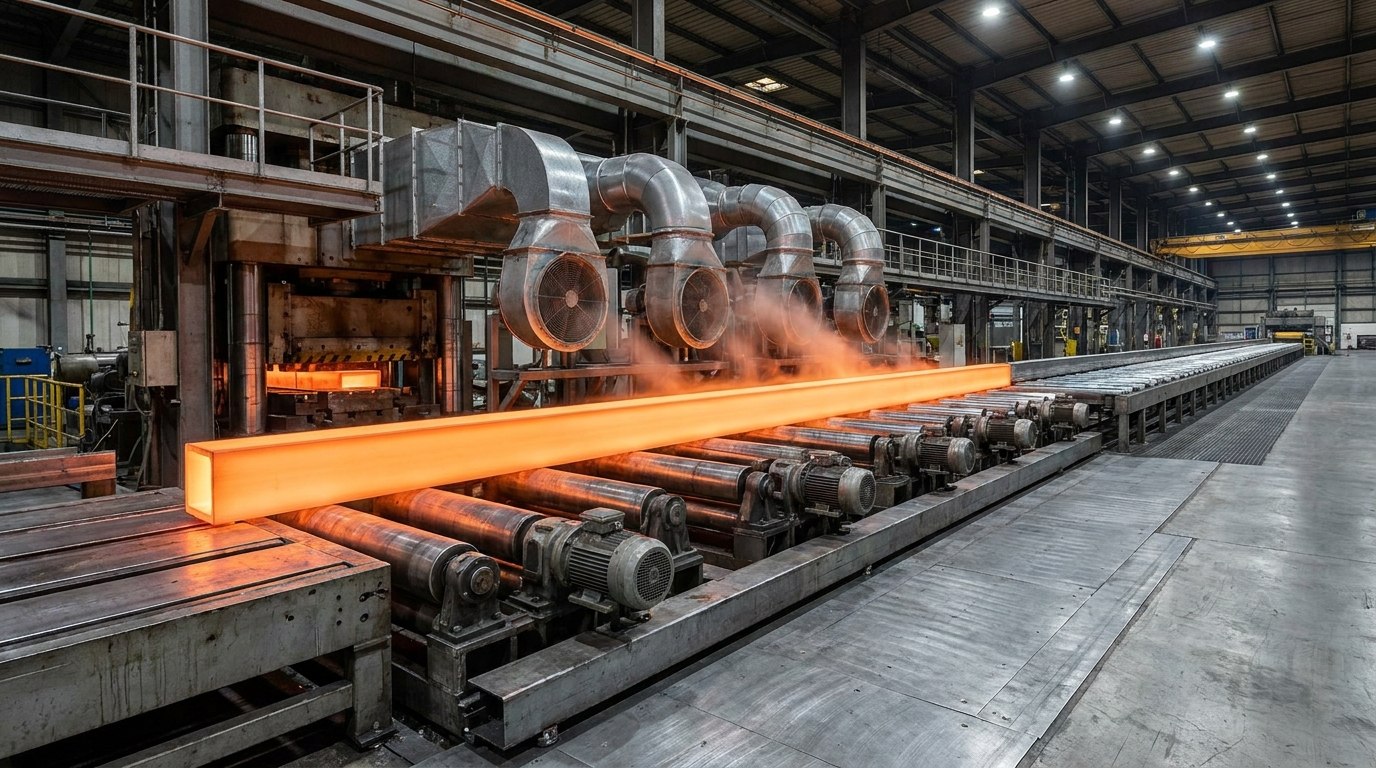 Illustrative render — a glowing orange-hot extruded aluminium section leaving the die onto a motorised roller run-out table, with forced-air cooling fans and ducting above it and a long cooling bed running into the distance