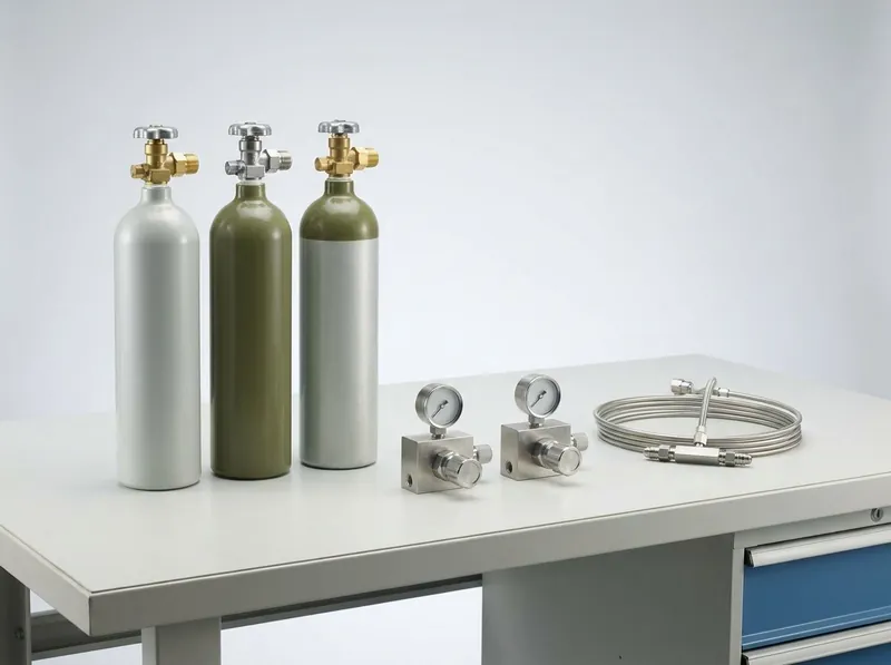 A set of high-pressure aviation oxygen bottles with their regulators and charging manifold laid out on a clean bench, silver and green cylinders with brass and steel fittings