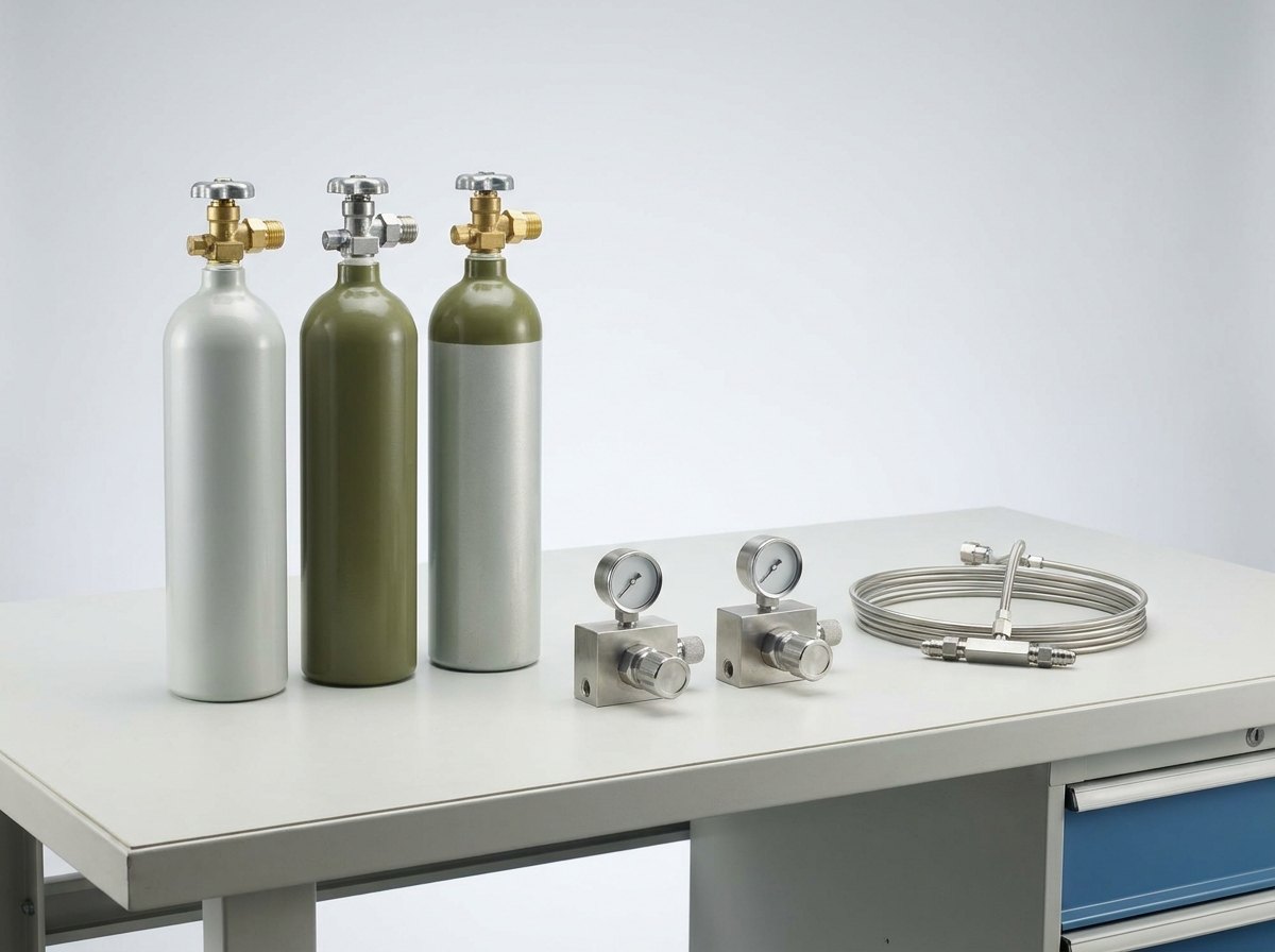 A set of high-pressure aviation oxygen bottles with their regulators and charging manifold laid out on a clean bench, silver and green cylinders with brass and steel fittings
