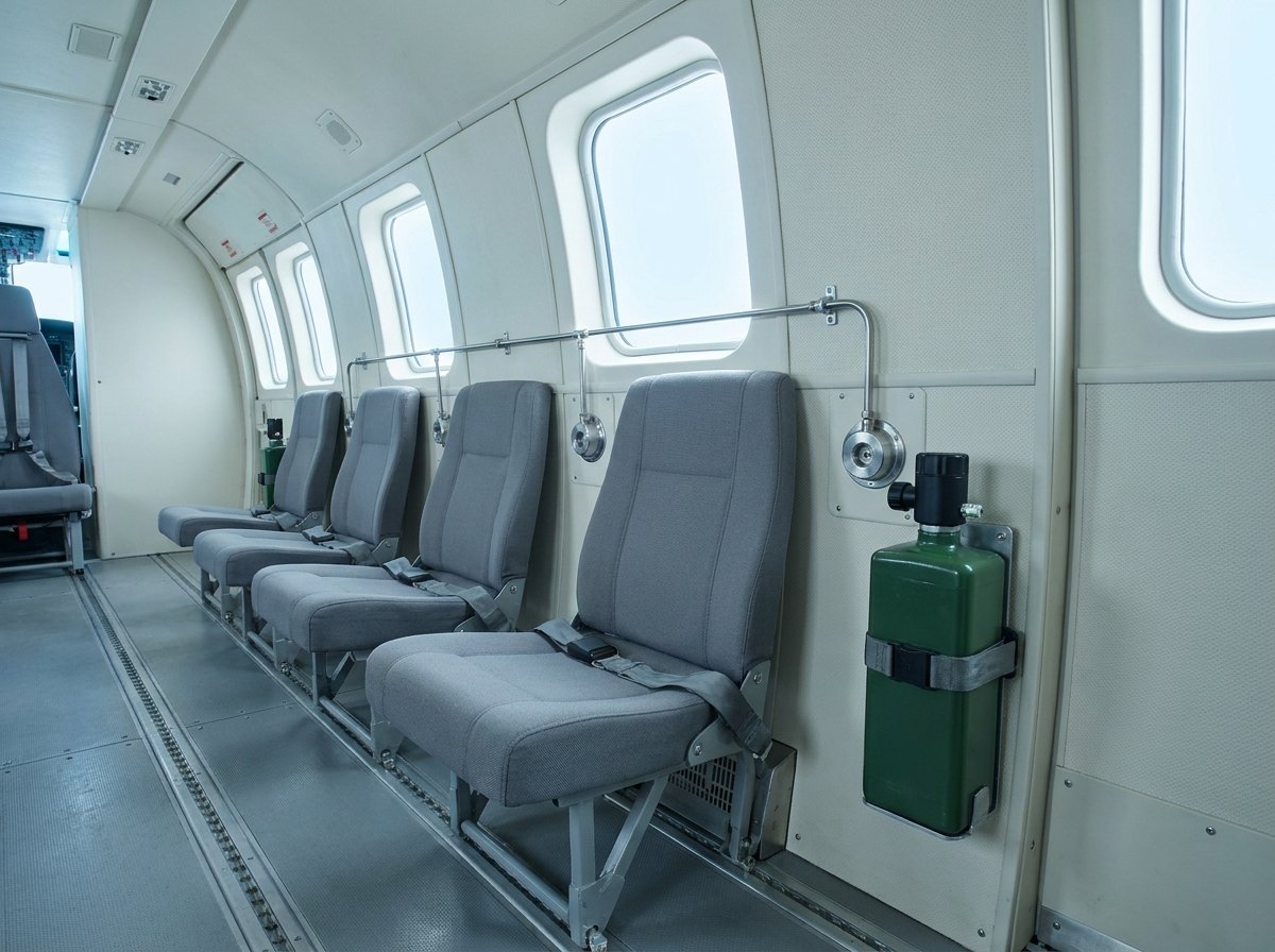 The interior of a transport helicopter cabin fitted with oxygen distribution: seat-side oxygen outlets, a manifold along the cabin wall and a stowed portable oxygen set, no people present