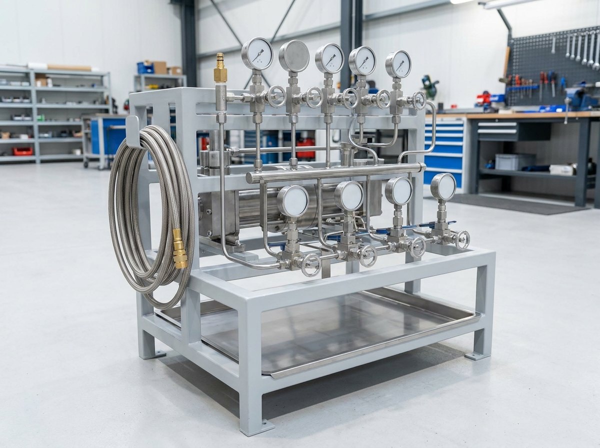 An oil-free oxygen charging and test point: a high-pressure oxygen booster and manifold with clean stainless plumbing, gauges and charging hoses on a compact frame