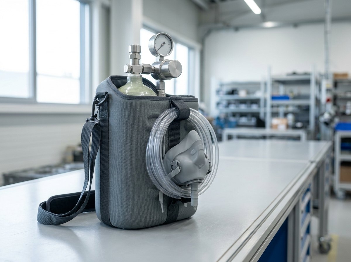 A portable walk-around helicopter oxygen set: a small oxygen cylinder with a regulator, gauge and mask packed into a carry frame with a shoulder strap
