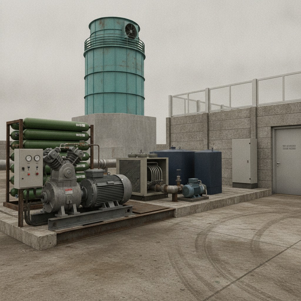 High pressure air compressor test stand facility - compressor and motor skid, 400 bar cylinder storage bank, air cooler, cooling tower and safety enclosure by Neometrix
