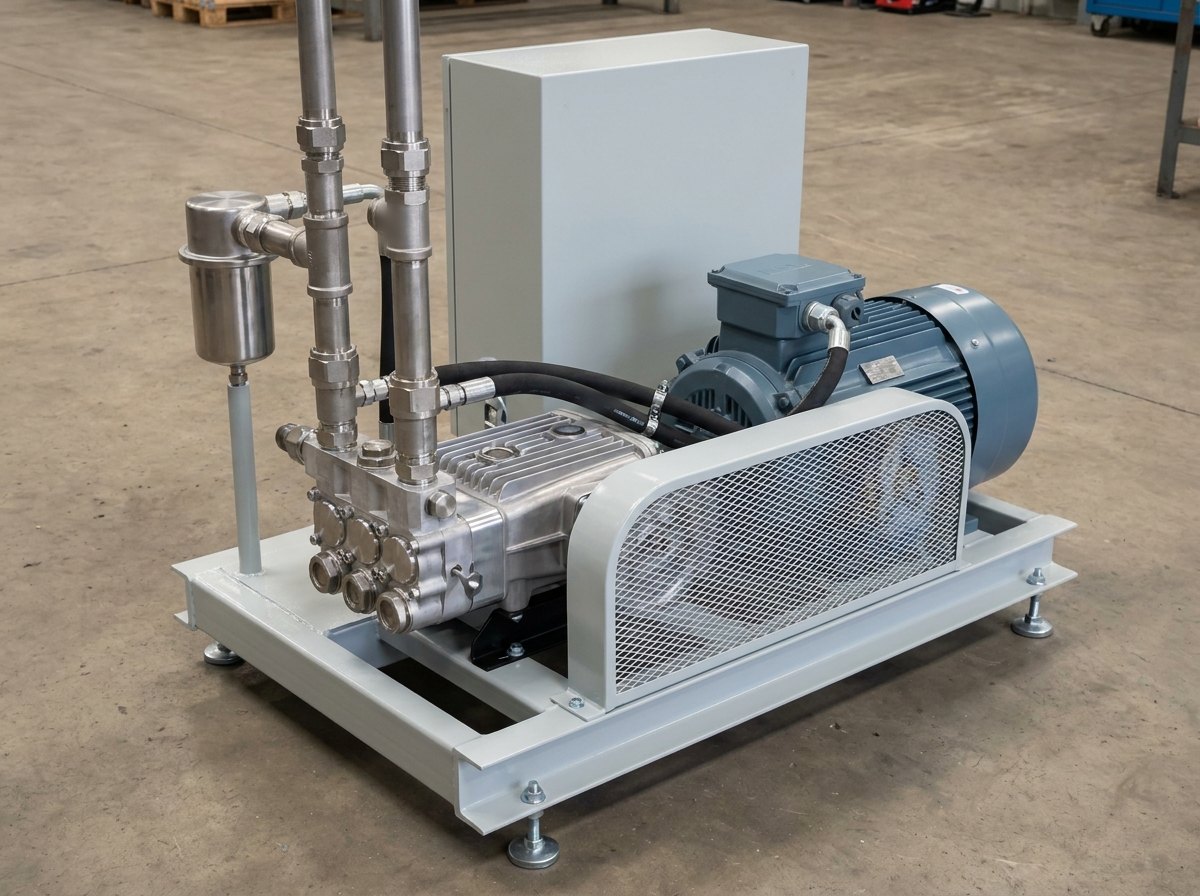 Illustrative of the class — a high-pressure water jetting pump package on a workshop floor: a compact horizontal triplex plunger pump in machined aluminium and steel with three visible plunger housings, belt-driven from a large blue-grey electric motor through a guarded belt drive with a light-grey mesh guard, mounted on a light-grey painted steel skid base with levelling feet, thick stainless high-pressure discharge pipework with cone-and-thread fittings, a stainless inlet filter bowl, and a plain unmarked light-grey control cabinet behind, no people, nothing running and no readable markings