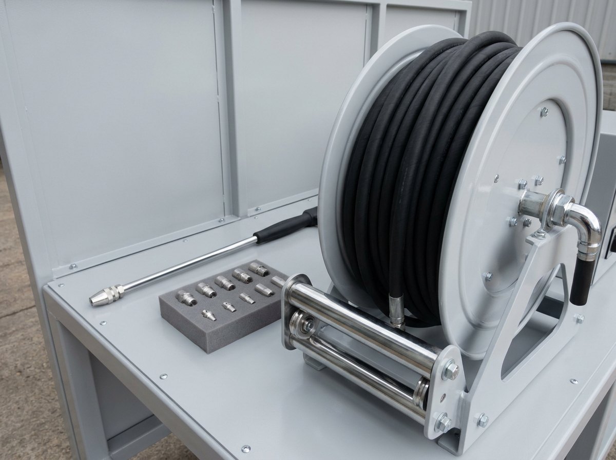 Illustrative of the class — the delivery end of a water jetting machine in a clean workshop: a large light-grey painted steel hose reel neatly wound with black high-pressure hose with a chromed swivel and guide roller in the foreground, a straight polished chrome hand lance with a plain black moulded grip and a machined stainless nozzle head resting on a light-grey painted steel bench, and a set of small machined stainless nozzle tips of different sizes laid out in a plain grey foam tray, plain unmarked light-grey panelling behind, no people, nothing running and no readable markings
