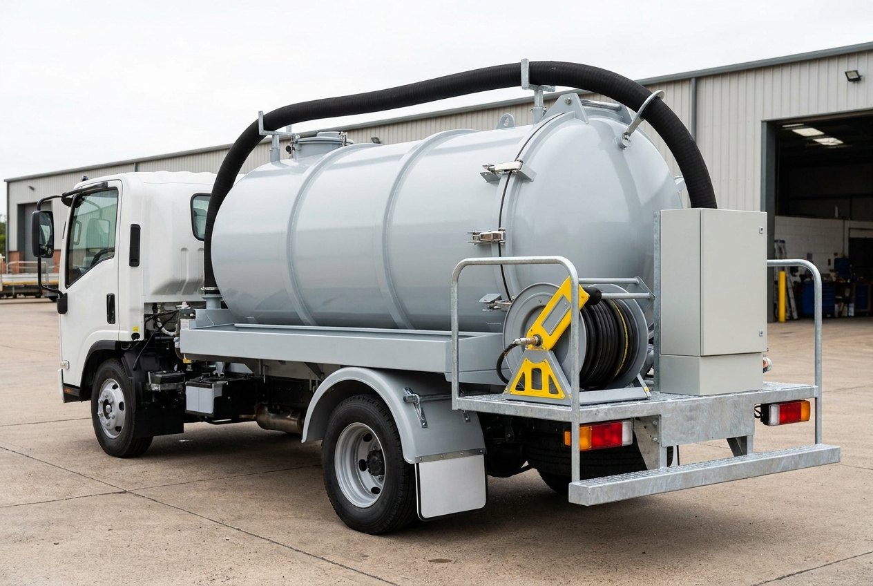 Illustrative of the class — a vehicle-mounted combination water jetting and desilting unit parked on clean concrete in an open yard: a plain unbadged white truck chassis cab carrying a large horizontal cylindrical light-grey painted steel sludge tank with a domed rear door and stainless catches, a black rubber suction boom folded along the top of the tank, a yellow and grey high-pressure hose reel wound with black hose at the rear, a light-grey control cabinet with completely blank faces, galvanised handrails and rear step, no people, no water running and no readable markings or number plate